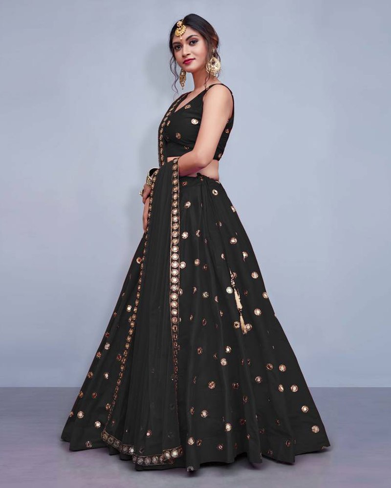 Tafeta Silk Black Lehenga Choli Dupatta Set with Real Mirror Work