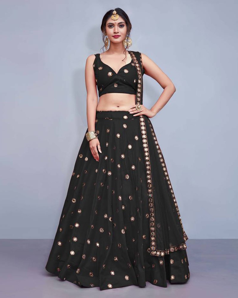 Tafeta Silk Black Lehenga Choli Dupatta Set with Real Mirror Work