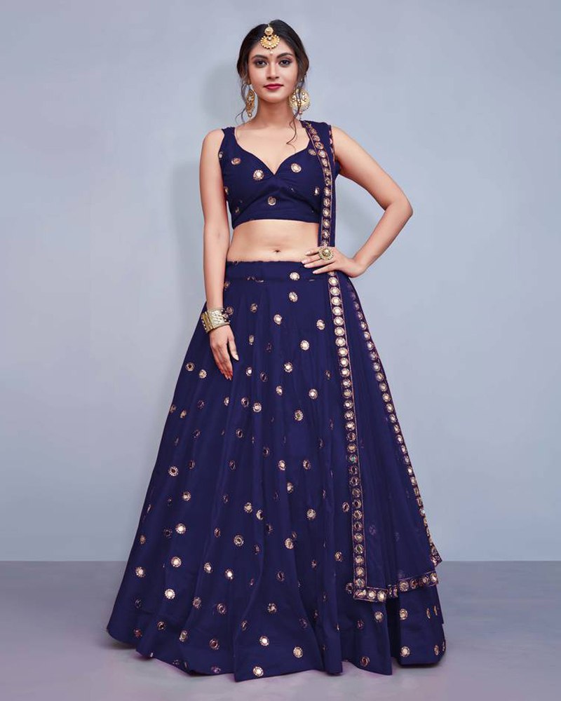 Tafeta Silk Royal Blue Lehenga Choli Dupatta Set with Real Mirror Work