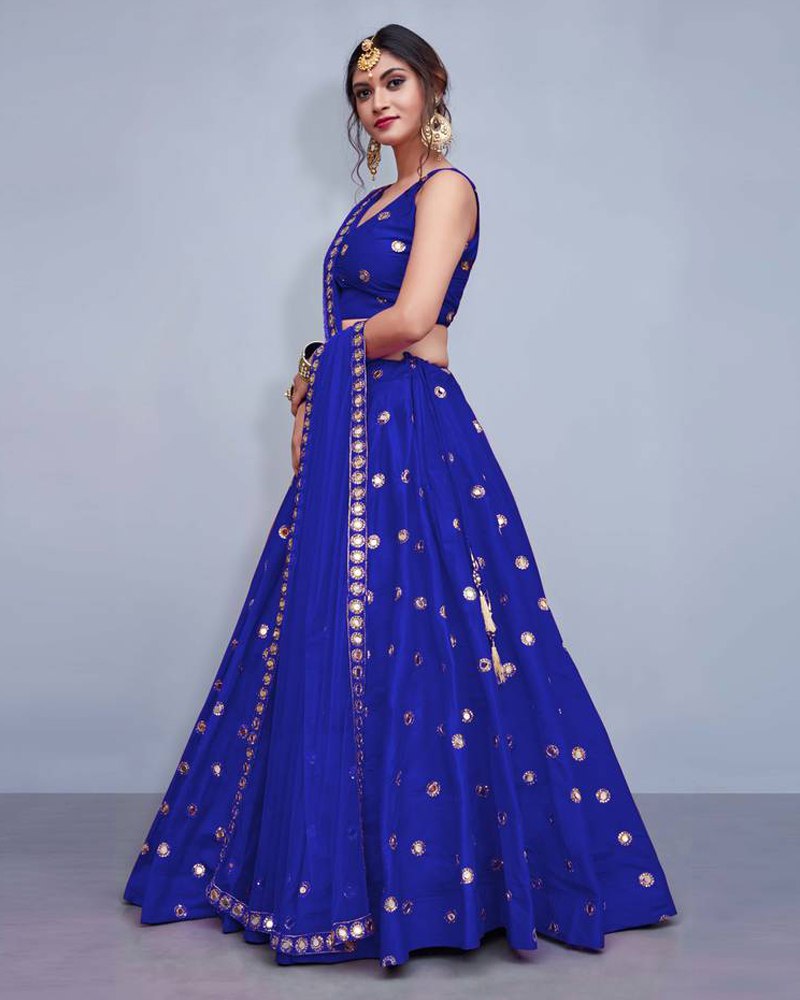 Tafeta Silk Royal Blue Lehenga Choli Dupatta Set with Real Mirror Work