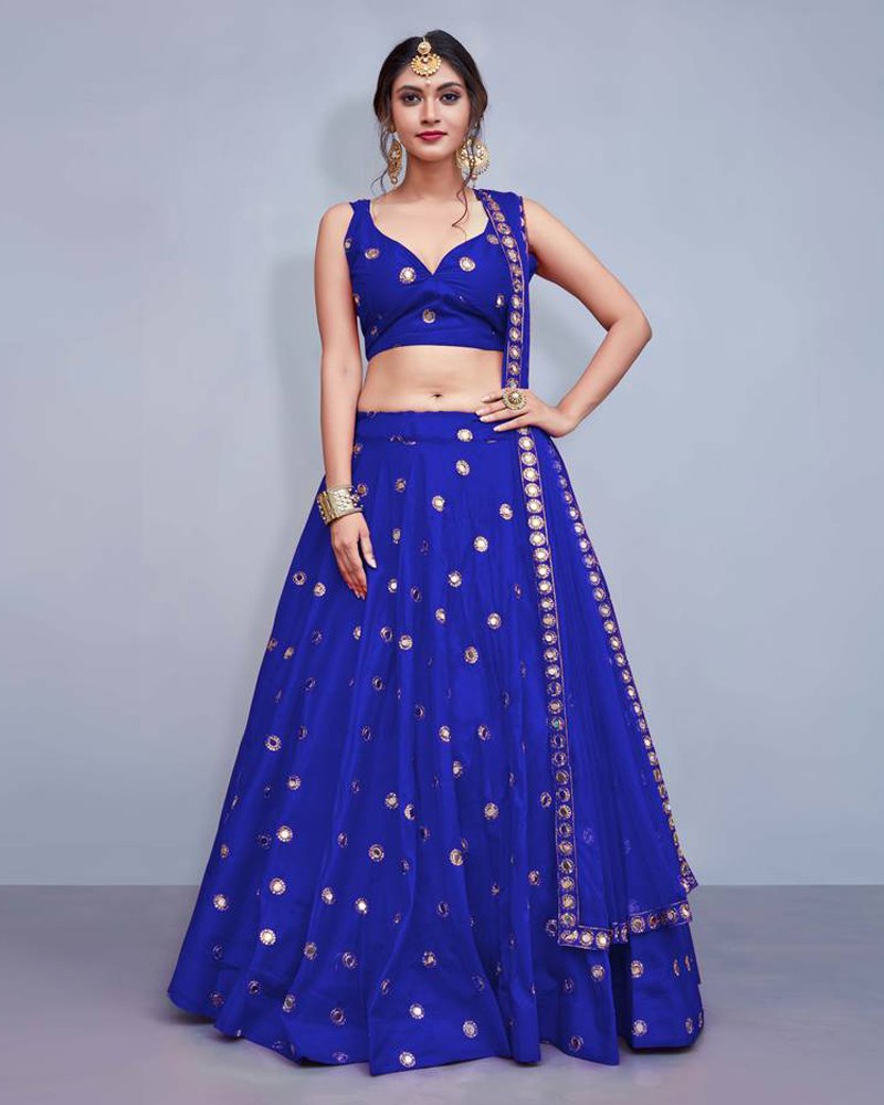 Tafeta Silk Royal Blue Lehenga Choli Dupatta Set with Real Mirror Work