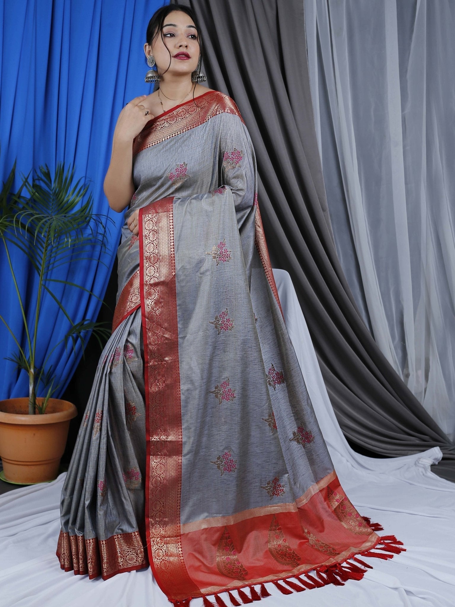 Grey Saree in Cotton Copper Meenakari Woven Work