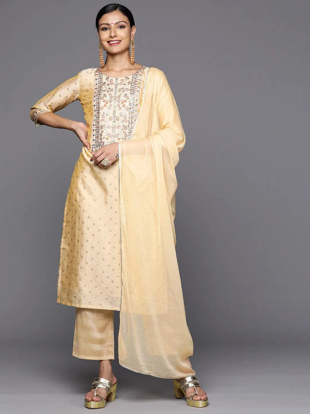 Mameraa Tan Printed Silk Blend Straight Kurta With Trousers & Dupatta