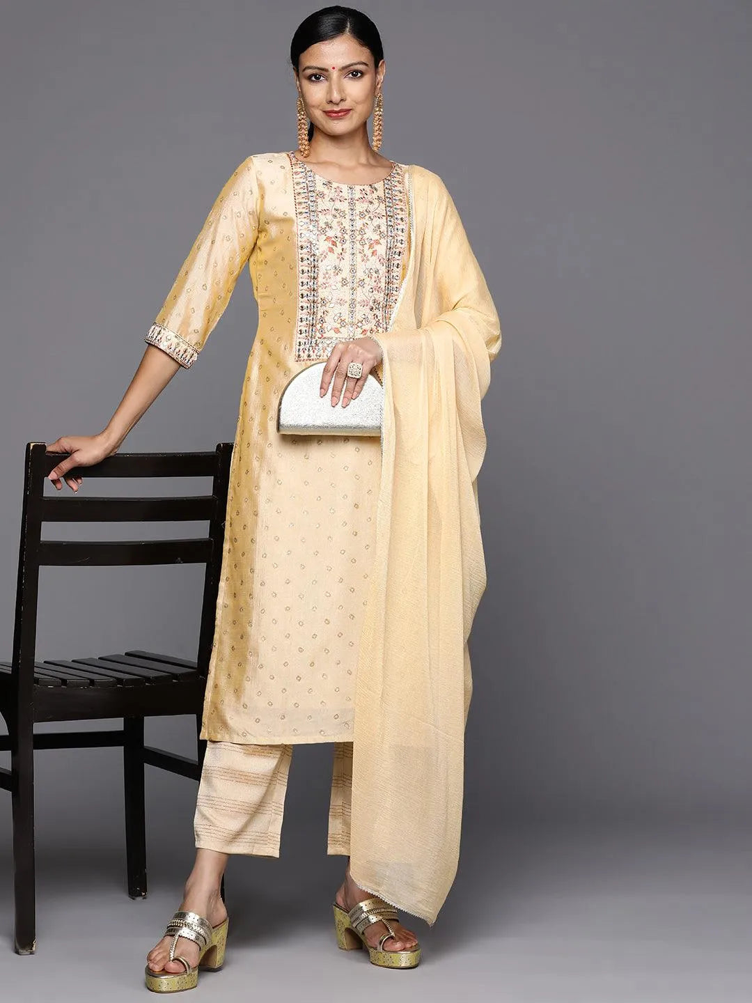 Mameraa Tan Printed Silk Blend Straight Kurta With Trousers & Dupatta
