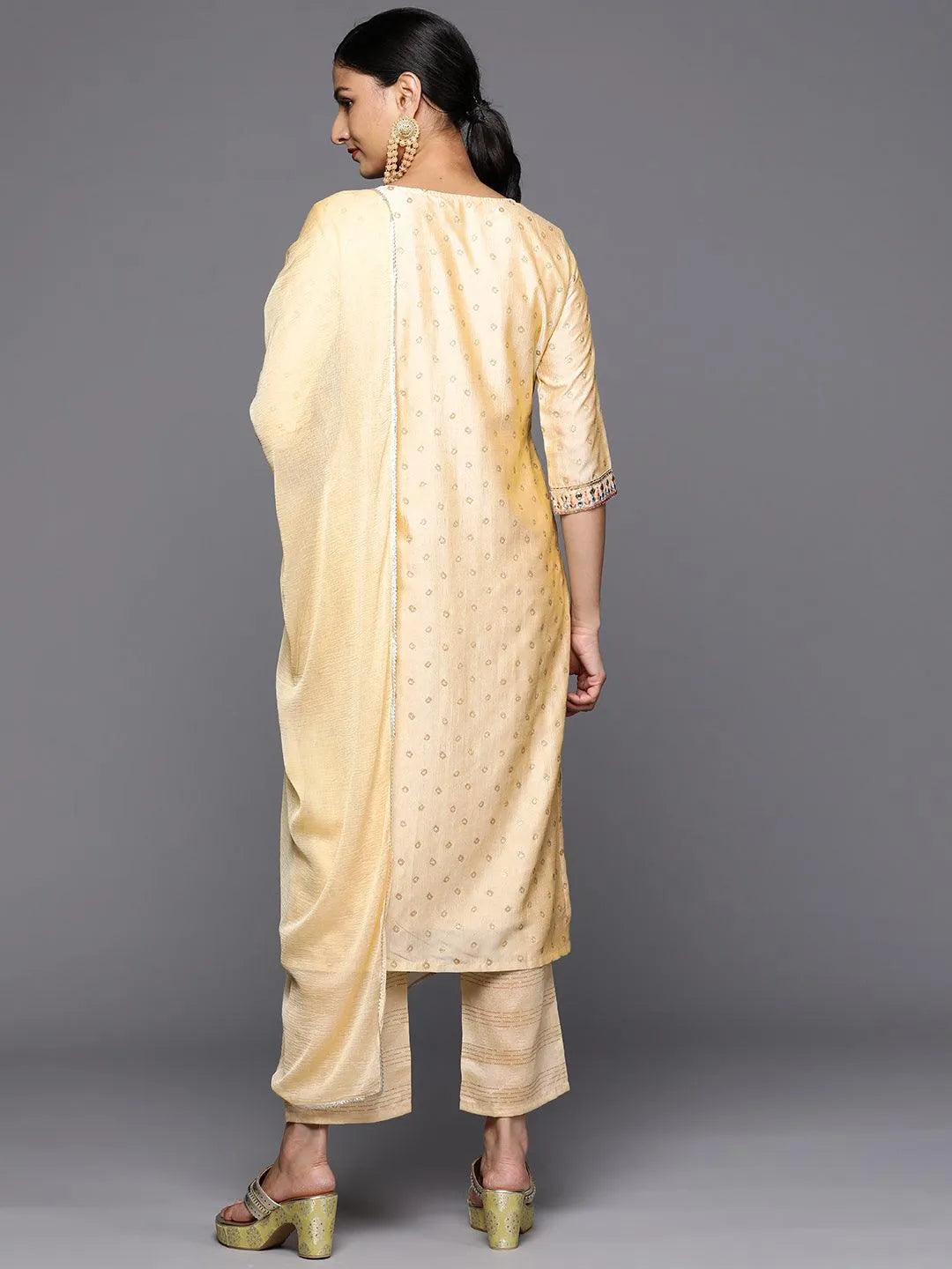 Mameraa Tan Printed Silk Blend Straight Kurta With Trousers & Dupatta