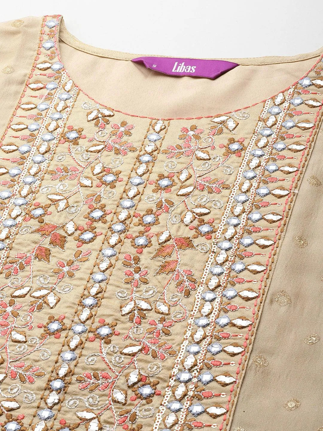 Mameraa Tan Printed Silk Blend Straight Kurta With Trousers & Dupatta