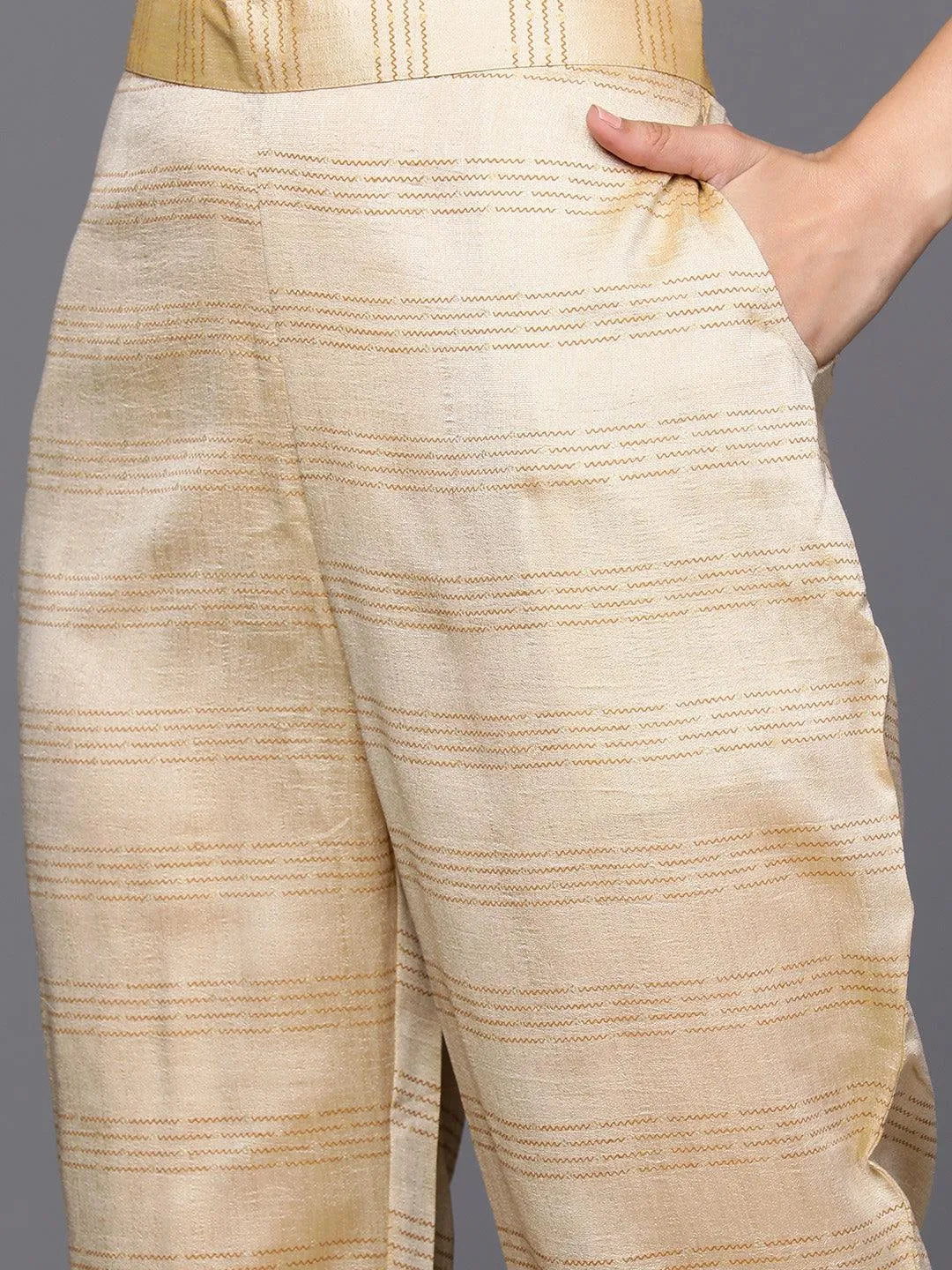 Mameraa Tan Printed Silk Blend Straight Kurta With Trousers & Dupatta