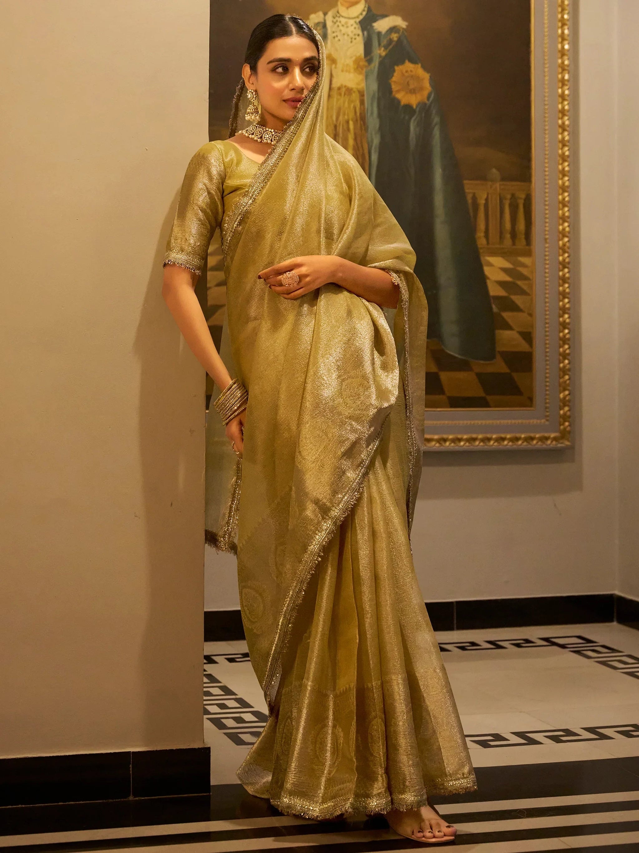 Tantalizing Golden Zari Weaving Tissue Silk Traditional Saree With Blouse