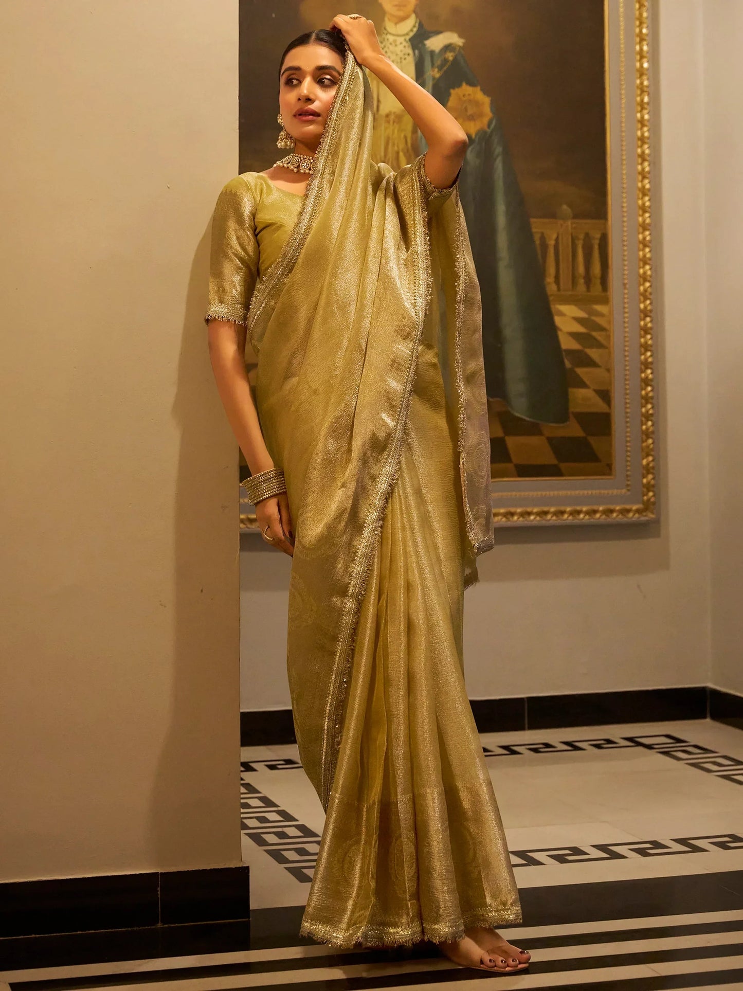 Tantalizing Golden Zari Weaving Tissue Silk Traditional Saree With Blouse