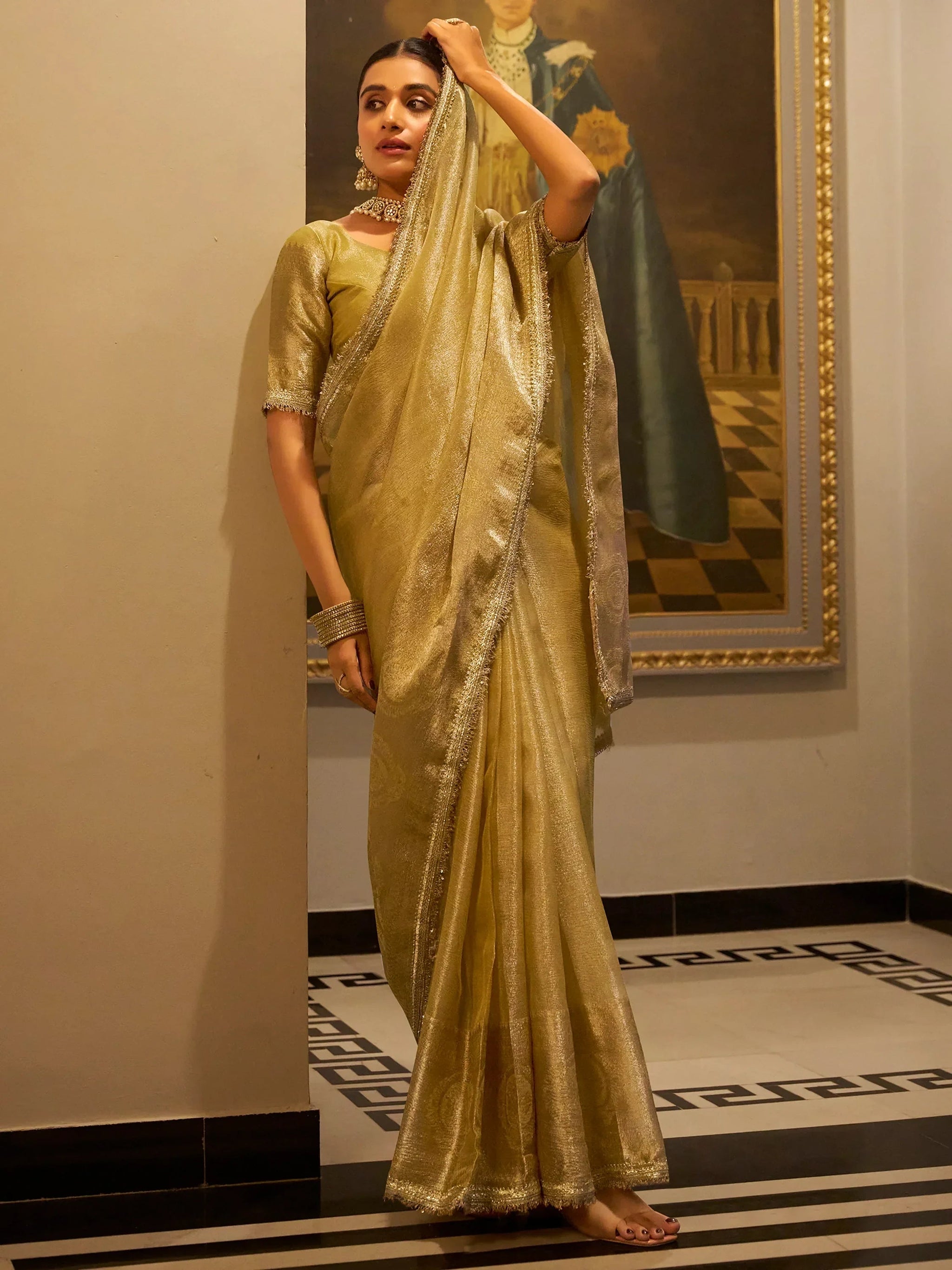Tantalizing Golden Zari Weaving Tissue Silk Traditional Saree With Blouse