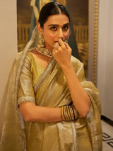 Tantalizing Golden Zari Weaving Tissue Silk Traditional Saree With Blouse