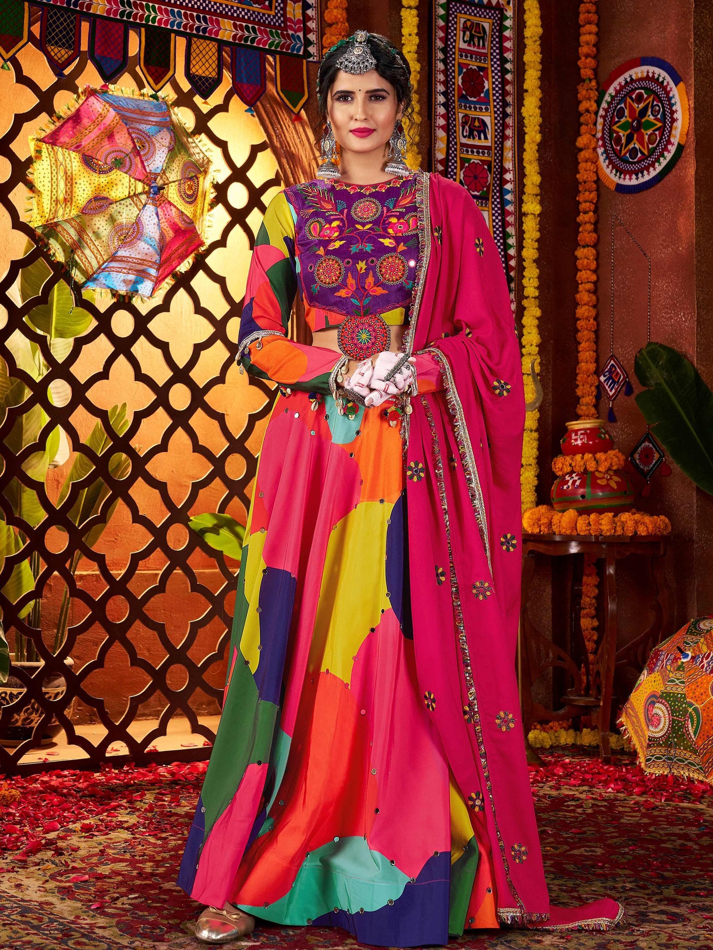 Tantalizing Multi-Color Mirror Work Muslin Silk Navratri Wear Lehenga Choli