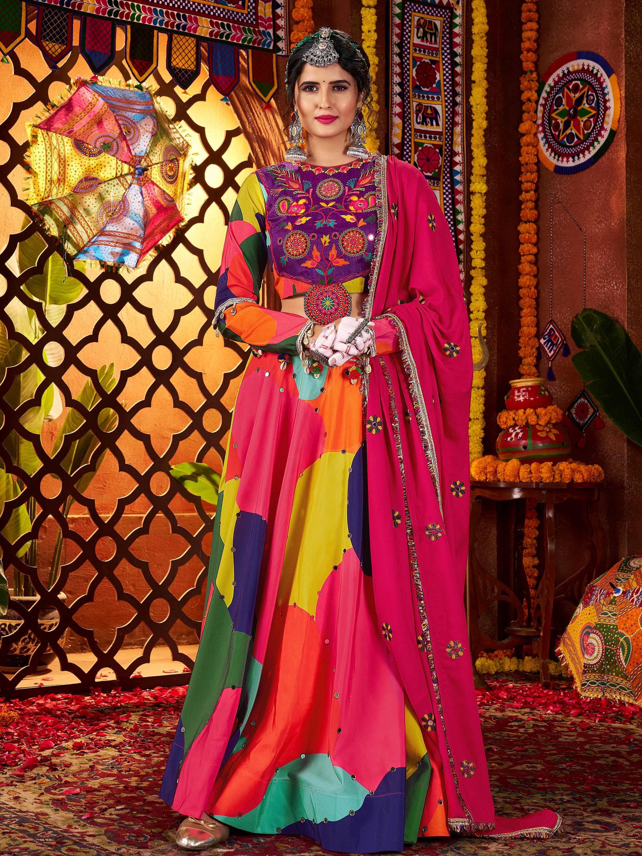 Tantalizing Multi-Color Mirror Work Muslin Silk Navratri Wear Lehenga Choli