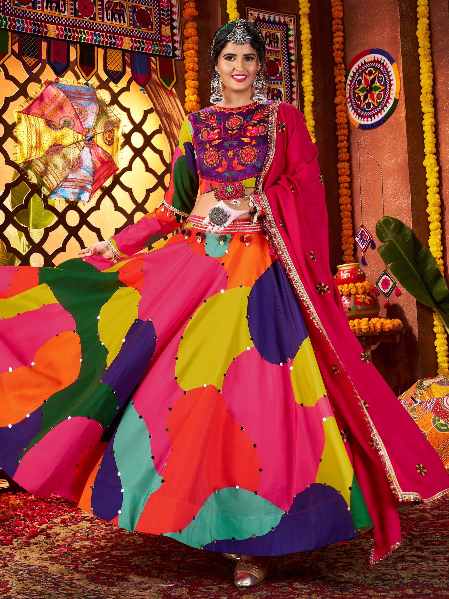Tantalizing Multi-Color Mirror Work Muslin Silk Navratri Wear Lehenga Choli