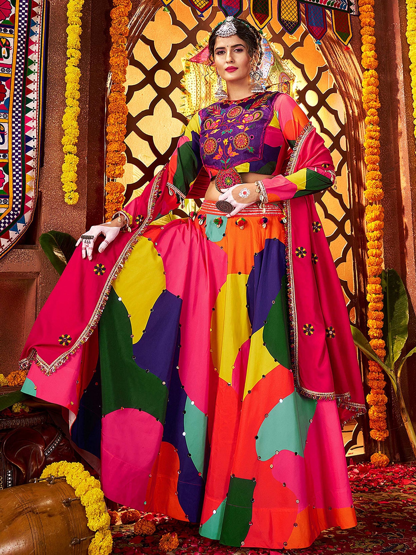 Tantalizing Multi-Color Mirror Work Muslin Silk Navratri Wear Lehenga Choli