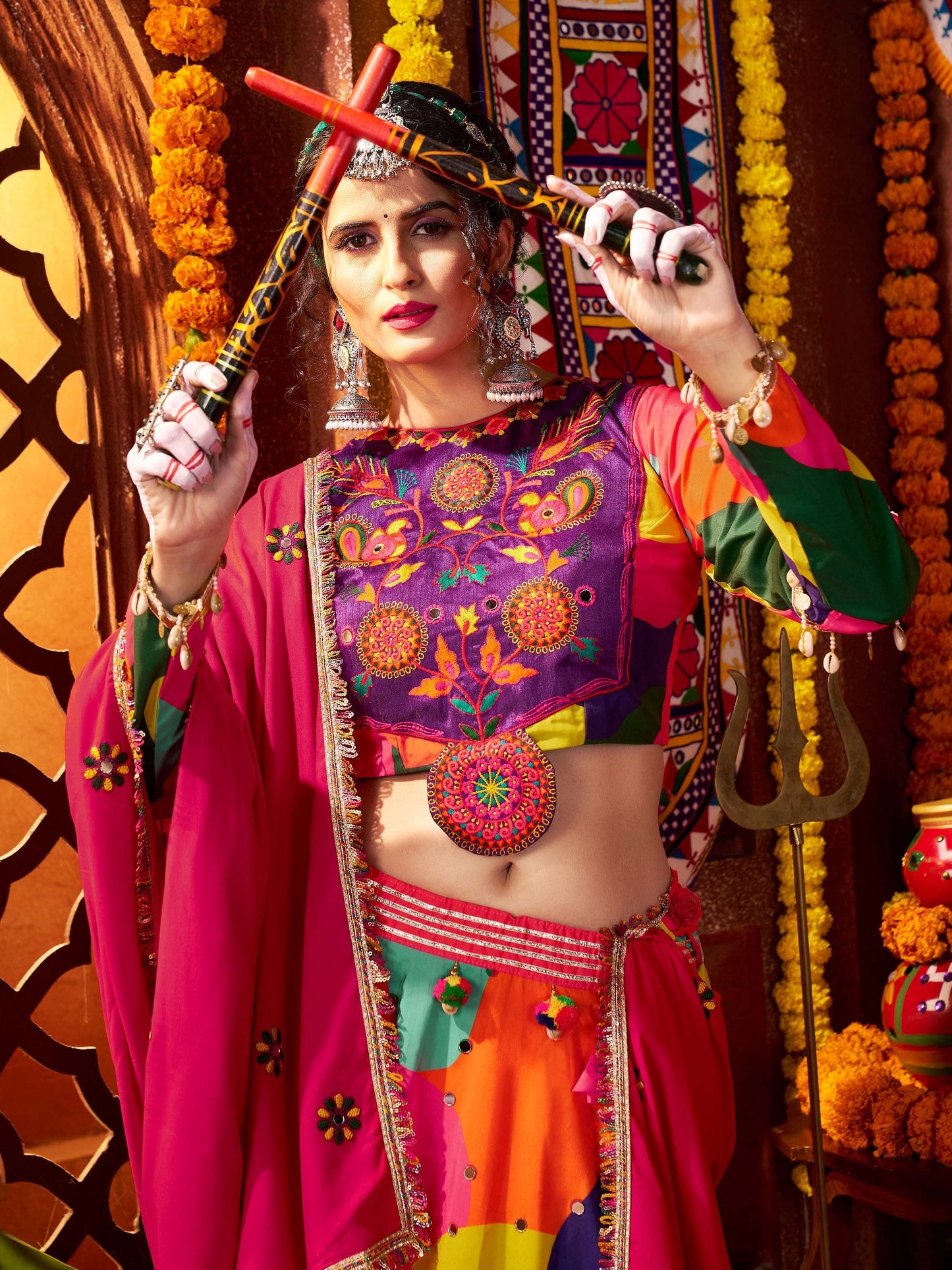 Tantalizing Multi-Color Mirror Work Muslin Silk Navratri Wear Lehenga Choli