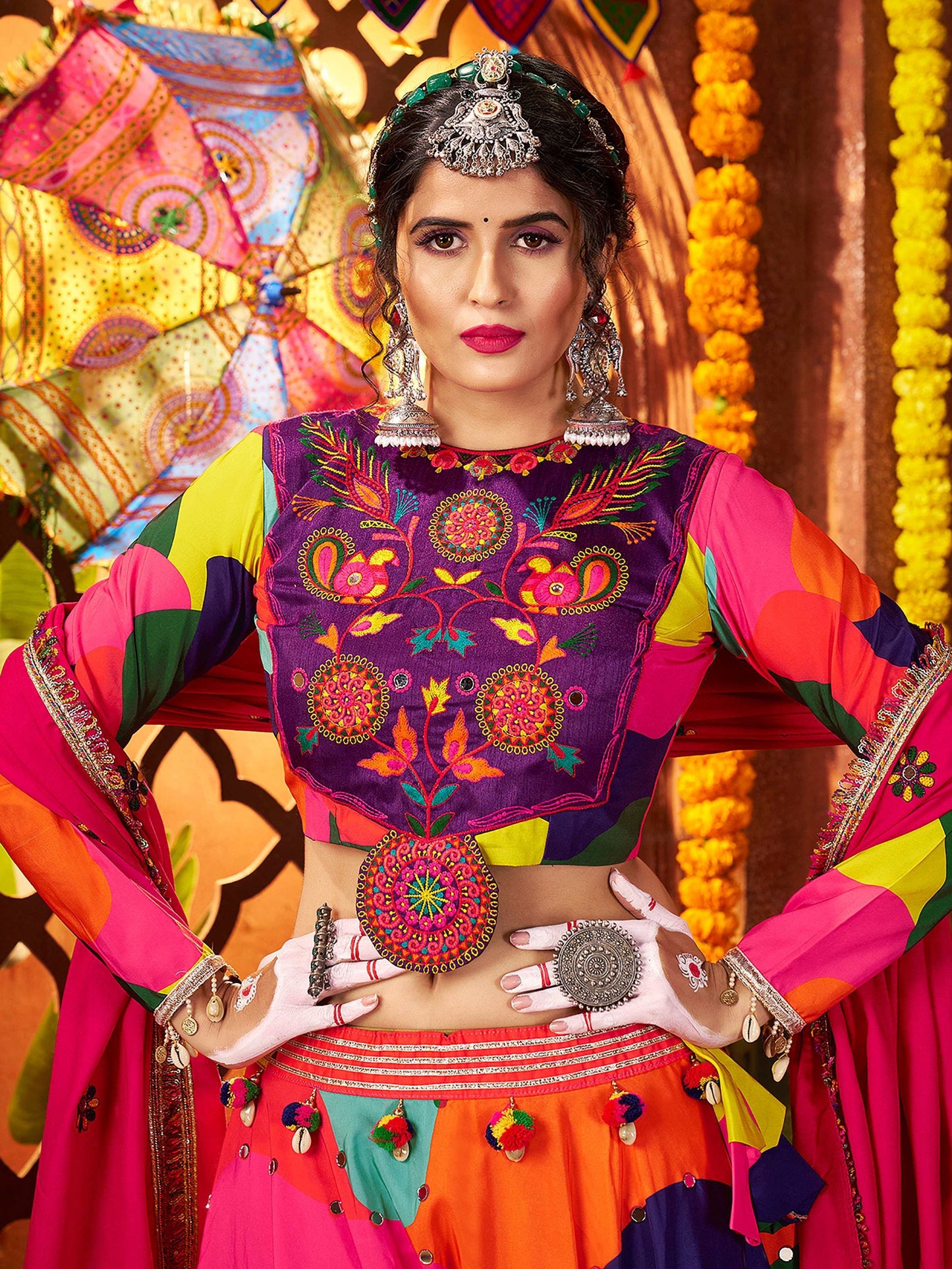 Tantalizing Multi-Color Mirror Work Muslin Silk Navratri Wear Lehenga Choli