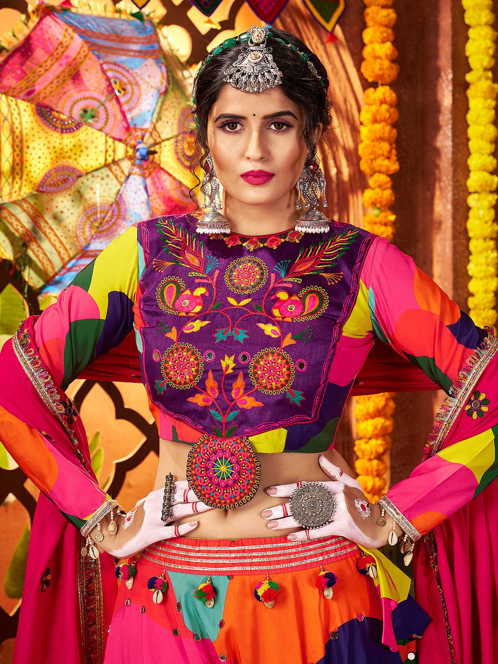 Tantalizing Multi-Color Mirror Work Muslin Silk Navratri Wear Lehenga Choli