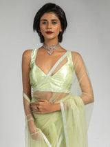 Tantalizing Pista Green Diamond Bordered Net Party Wear Pre-Stitched Saree