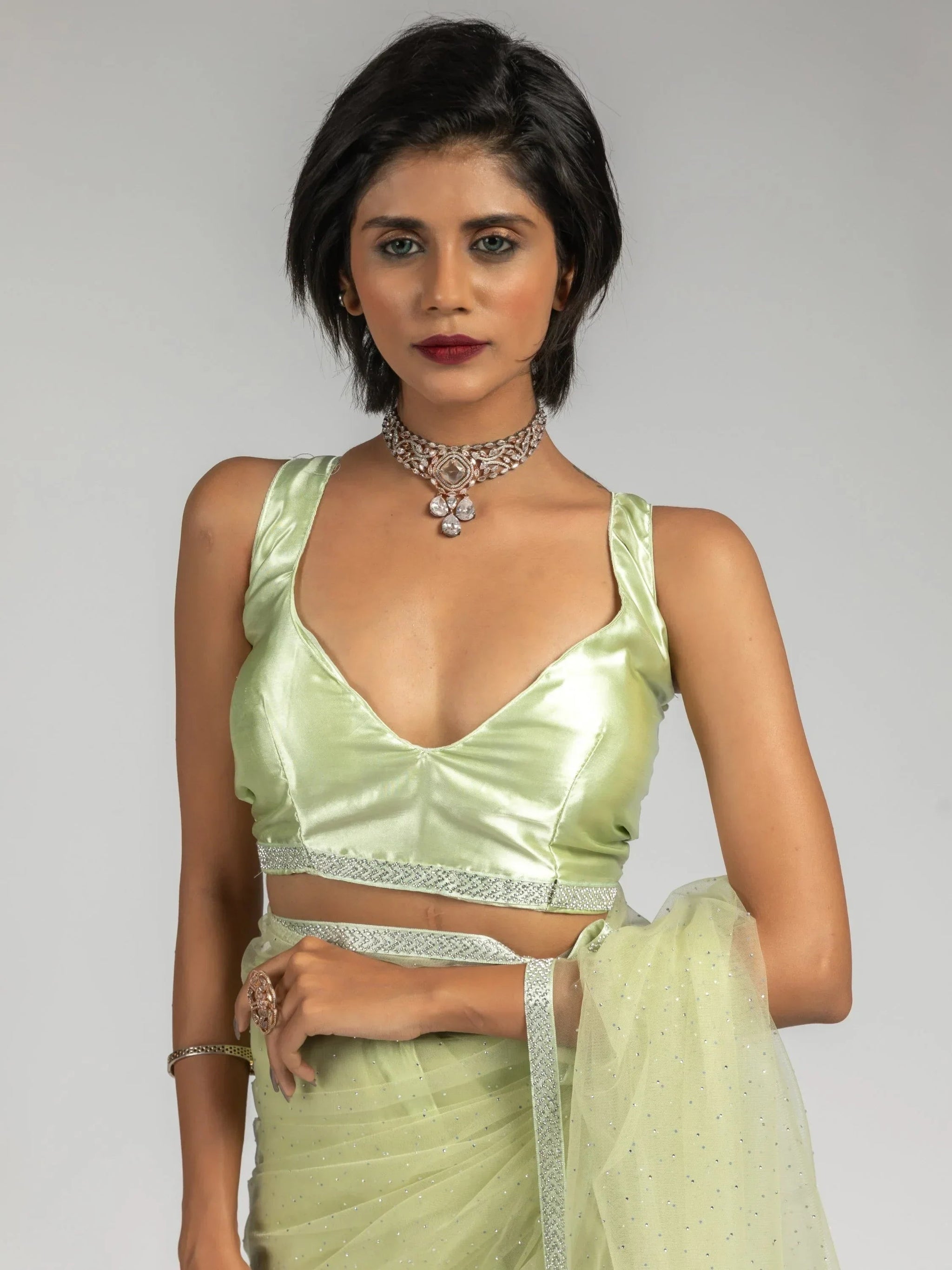 Tantalizing Pista Green Diamond Bordered Net Party Wear Pre-Stitched Saree