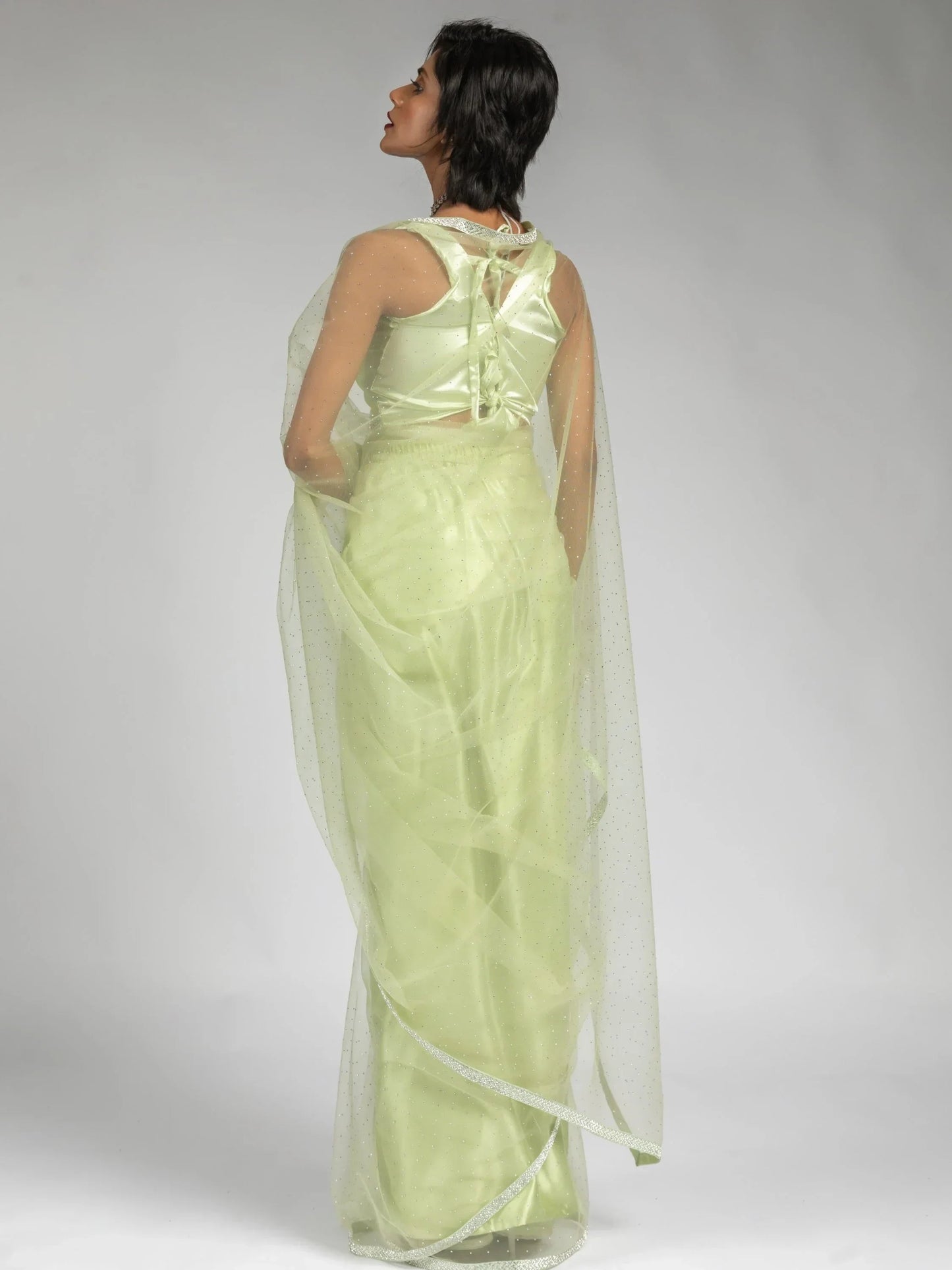 Tantalizing Pista Green Diamond Bordered Net Party Wear Pre-Stitched Saree