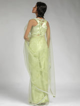 Tantalizing Pista Green Diamond Bordered Net Party Wear Pre-Stitched Saree