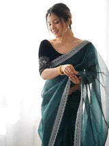 Tantalizing Teal Green Border Work Net Event Wear Saree With Blouse