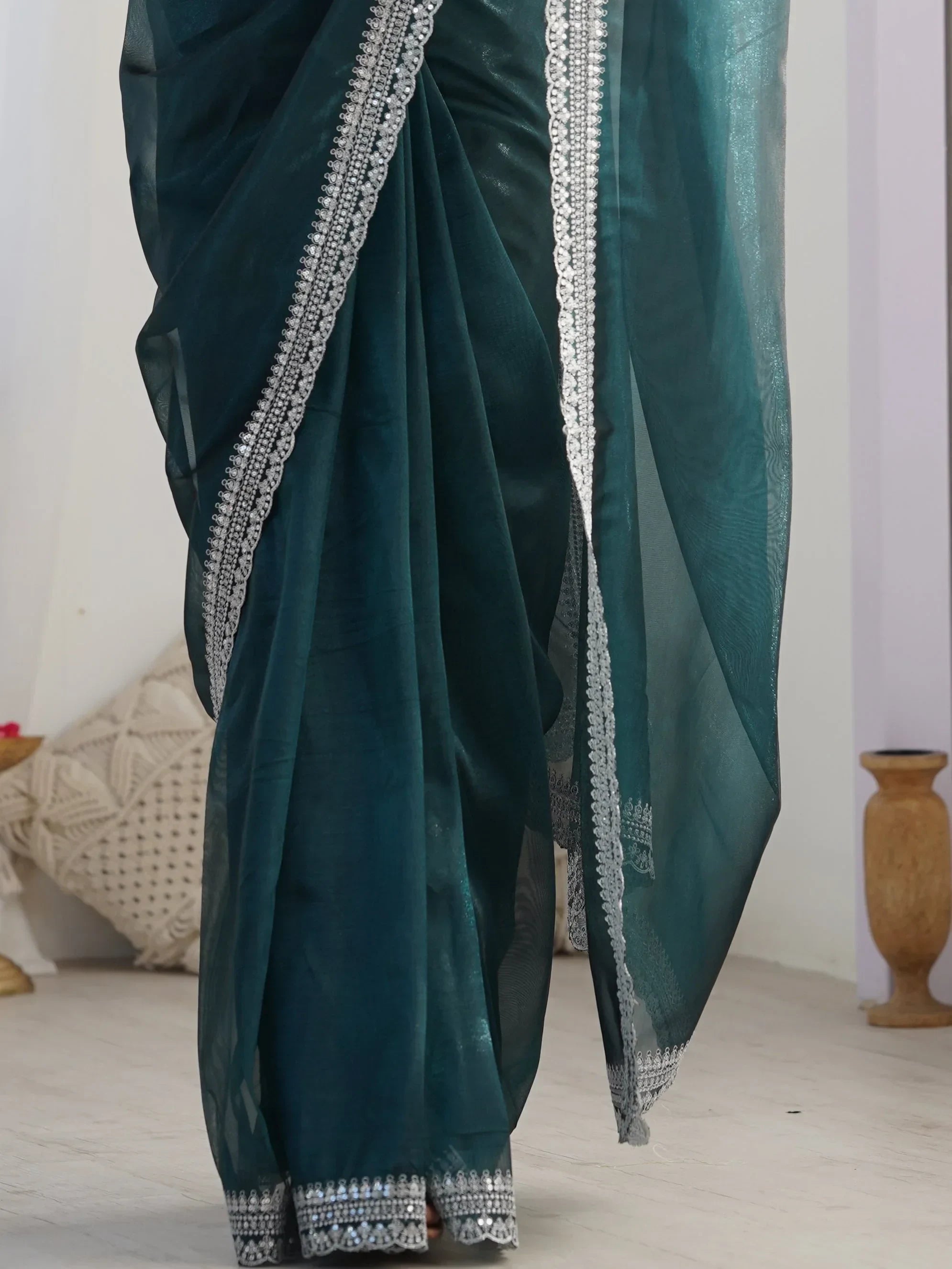 Tantalizing Teal Green Border Work Net Event Wear Saree With Blouse