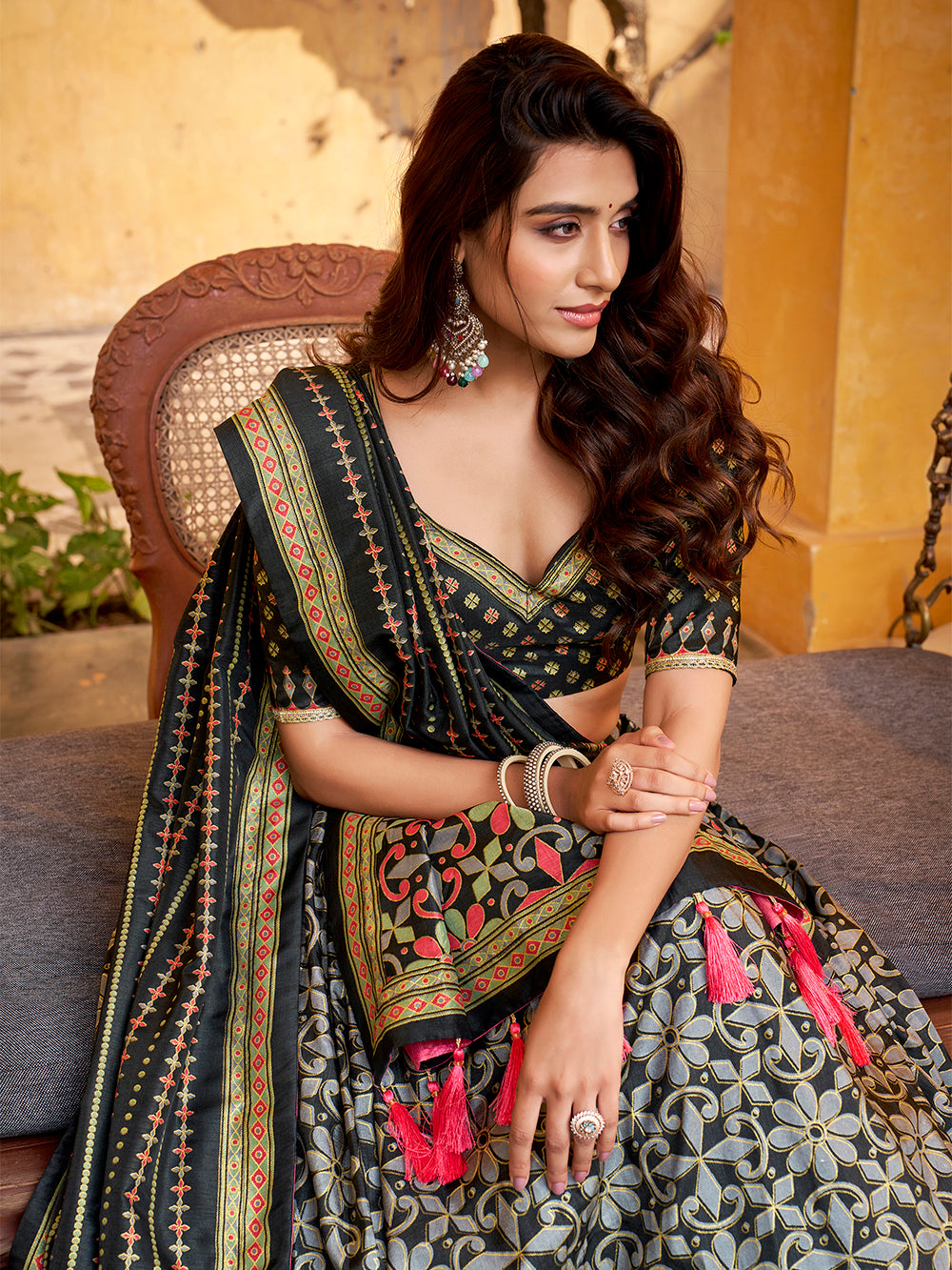 Black color tasar silk lehenga