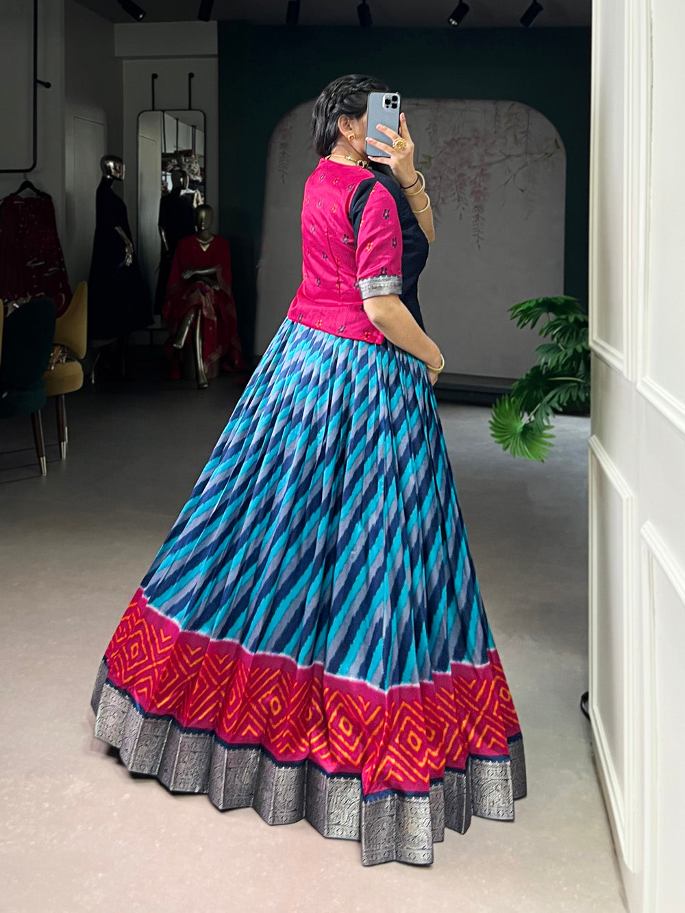 Firozi tasar silk leheriya print lehenga choli with vichitra silk zari weaving blouse