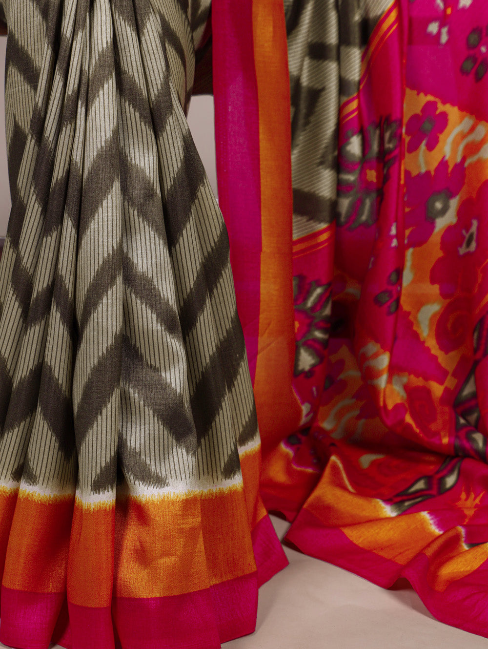 Mehendi green printed tassar silk saree with matching blouse