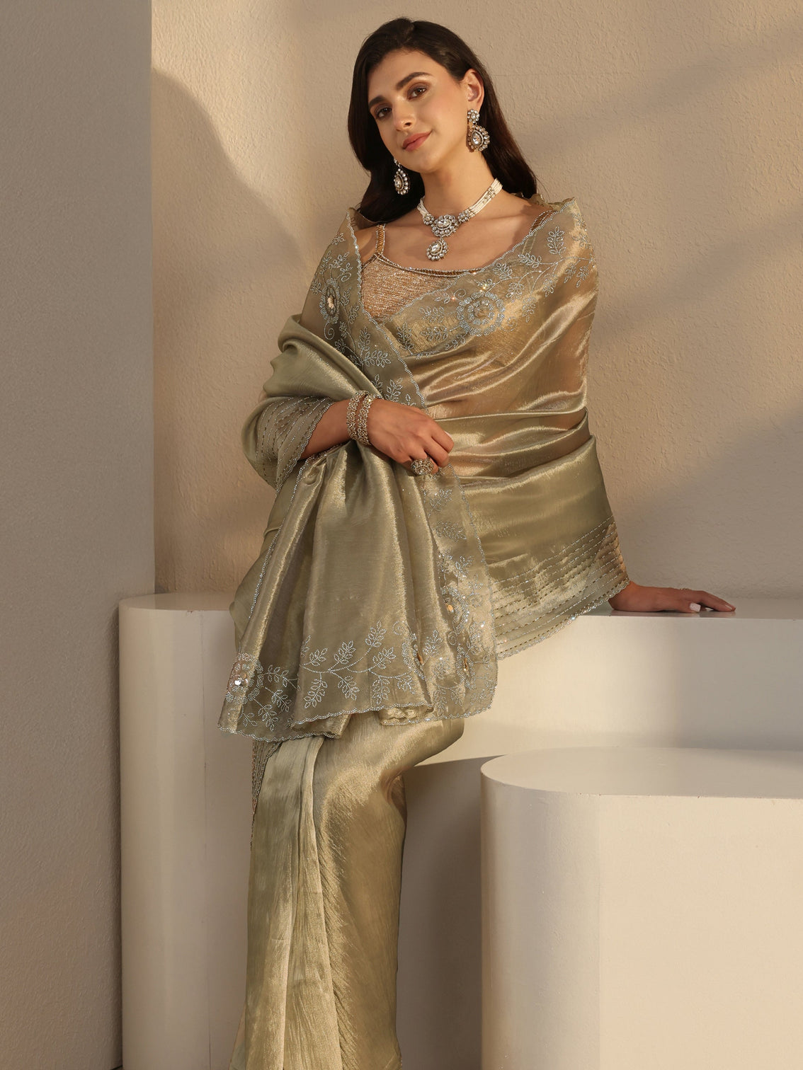 Mameraa Taupe Embellished Chiffon Saree With Unstitched Blouse Piece