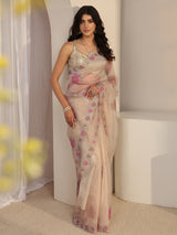 Libas Taupe Floral Embellished Organza Saree With Unstitched Blouse Piece