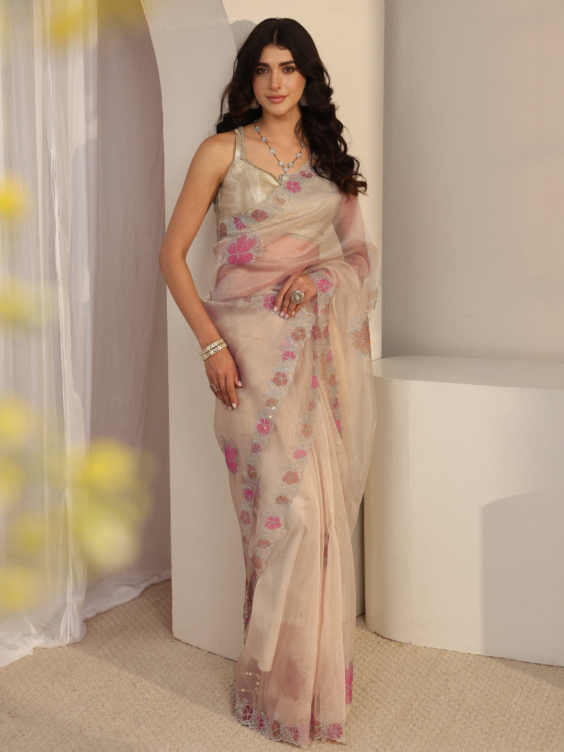 Mameraa Taupe Floral Embellished Organza Saree With Unstitched Blouse Piece