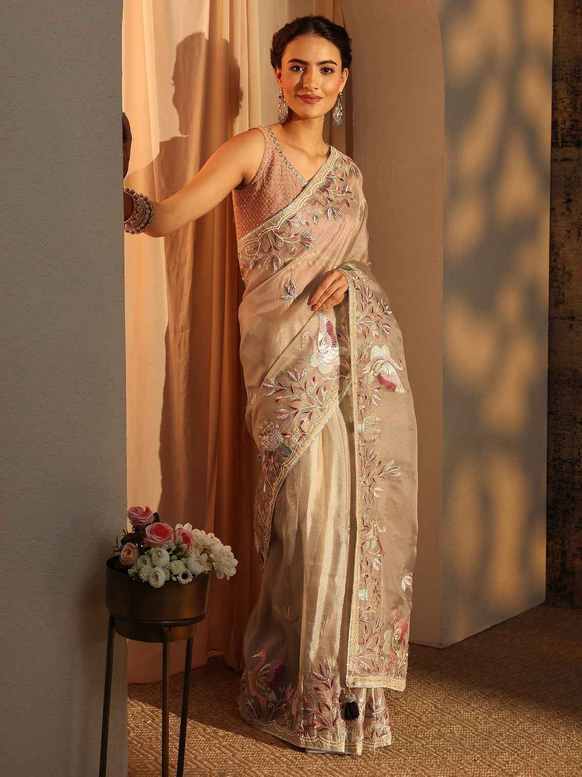 Mameraa Taupe Floral Embroidered Organza Saree With Unstitched Blouse Piece