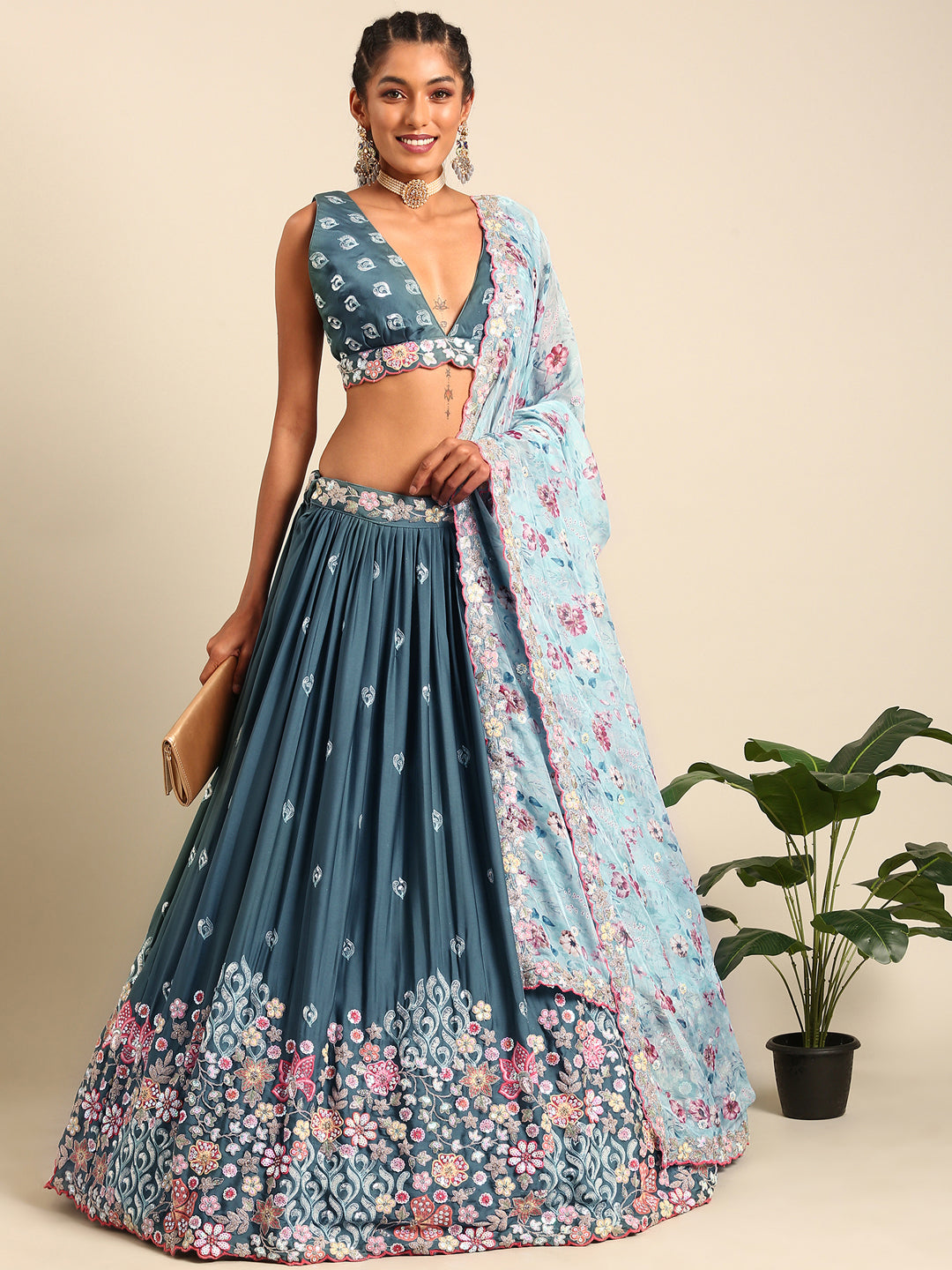 Teal Blue Chinon Sequin Embroidery Lehenga Choli Set
