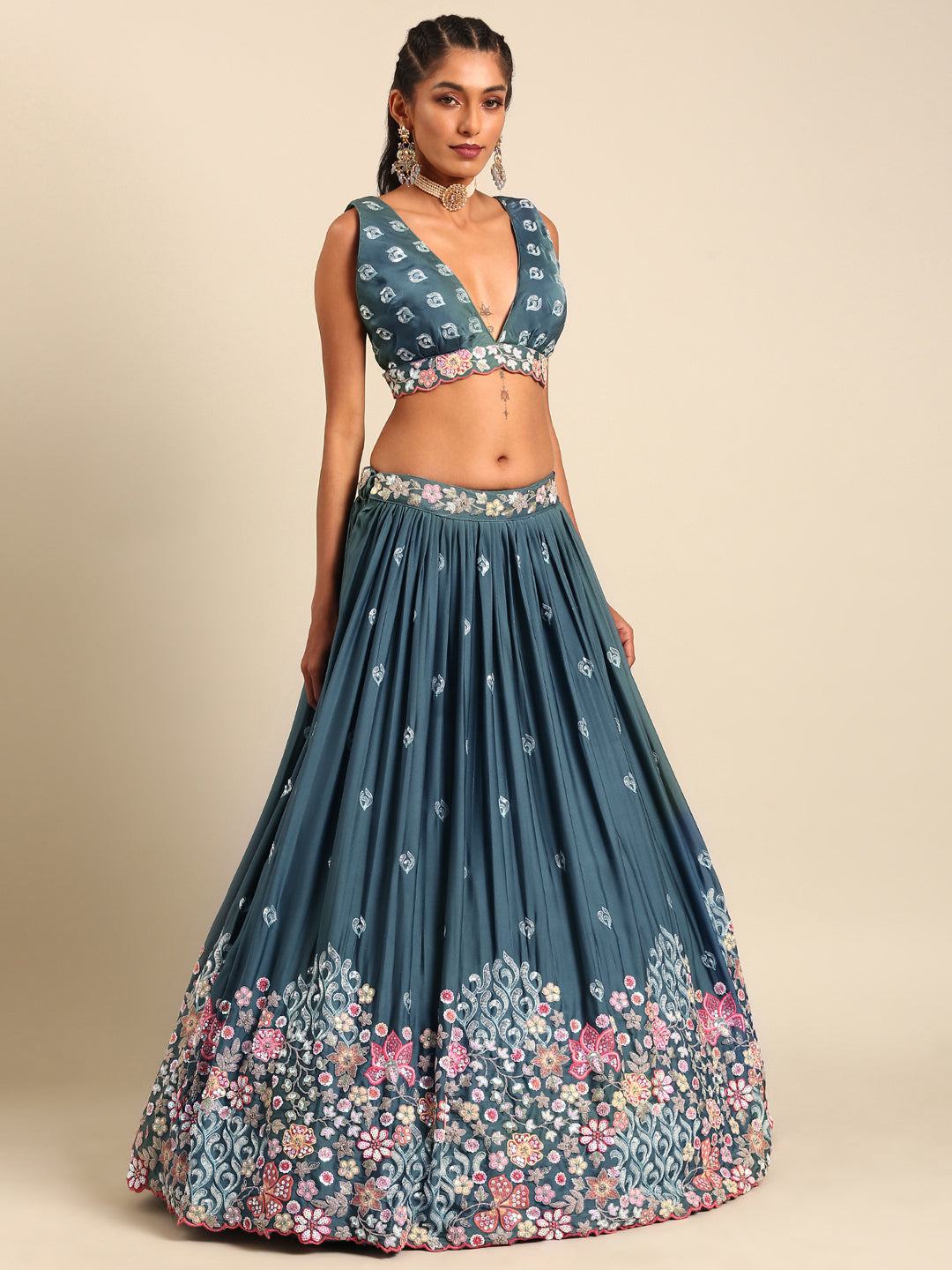 Teal Blue Chinon Sequin Embroidery Lehenga Choli Set