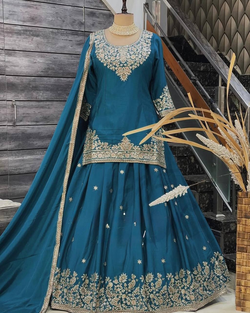 Teal Blue Chinon Silk Lehenga Set with Sequin Work & Lace Border Dupatta  Full-Stitched Traditional Wear