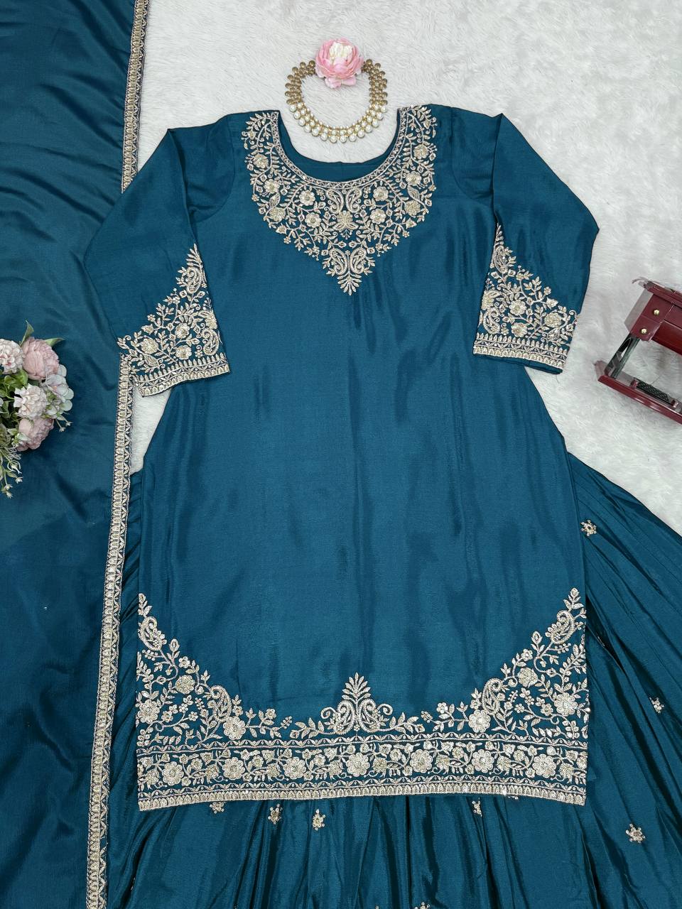 Teal Blue Chinon Silk Lehenga Set with Sequin Work & Lace Border Dupatta  Full-Stitched Traditional Wear