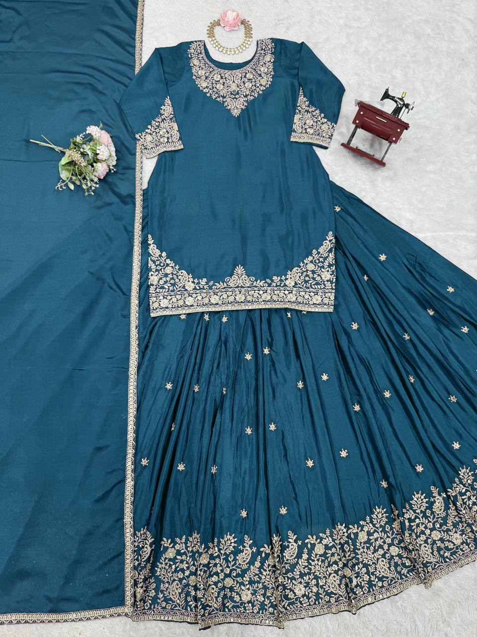 Teal Blue Chinon Silk Lehenga Set with Sequin Work & Lace Border Dupatta  Full-Stitched Traditional Wear