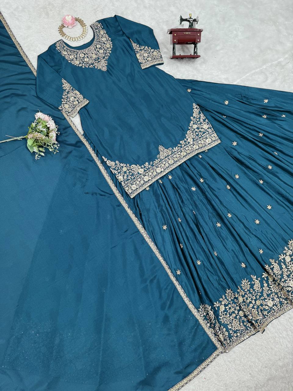 Teal Blue Chinon Silk Lehenga Set with Sequin Work & Lace Border Dupatta  Full-Stitched Traditional Wear