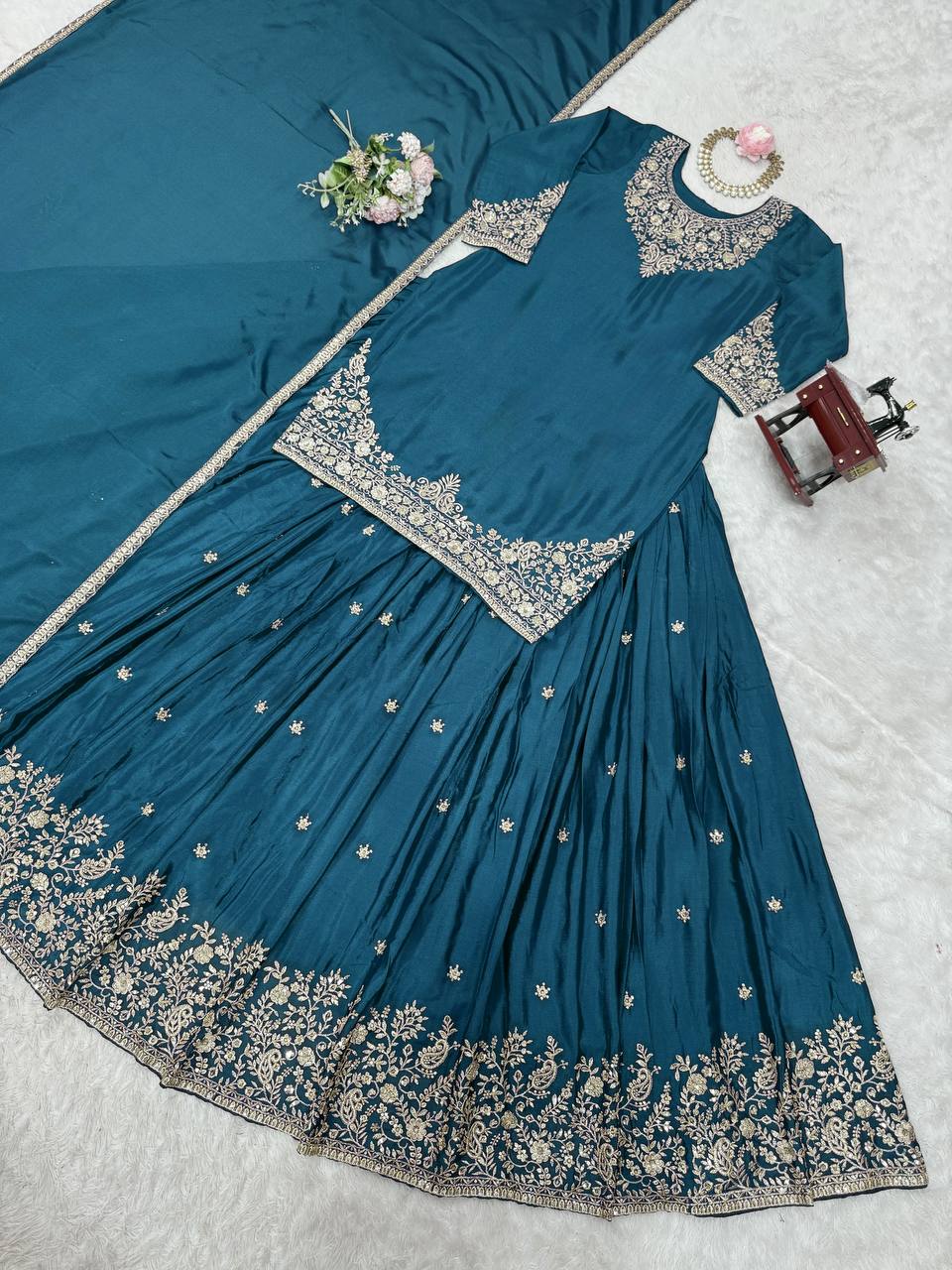 Teal Blue Chinon Silk Lehenga Set with Sequin Work & Lace Border Dupatta  Full-Stitched Traditional Wear