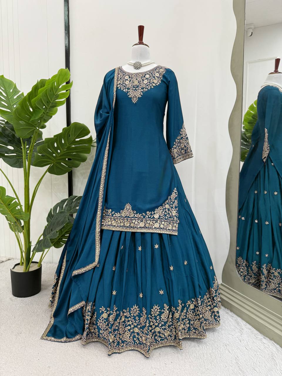 Teal Blue Chinon Silk Lehenga Set with Sequin Work & Lace Border Dupatta  Full-Stitched Traditional Wear