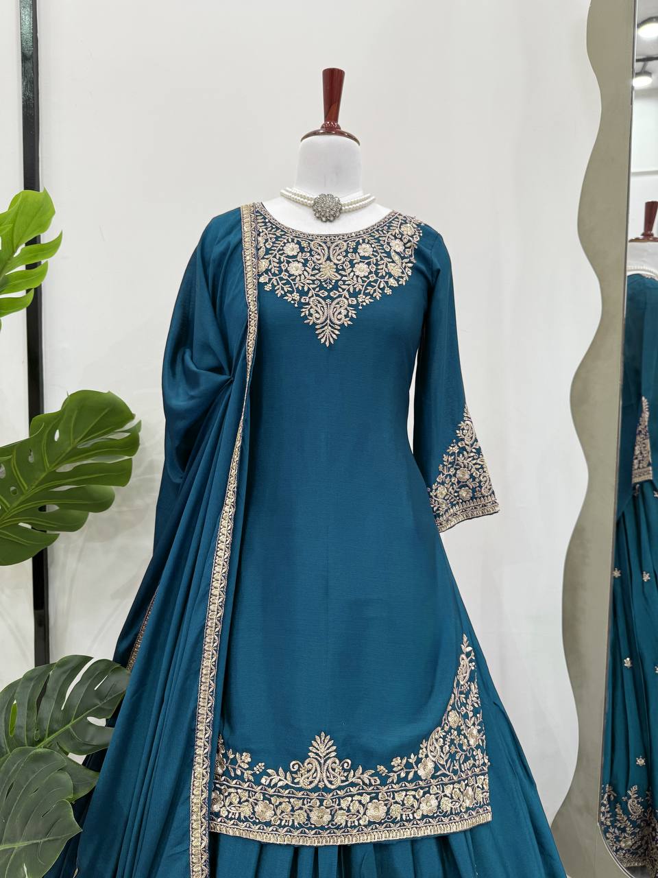 Teal Blue Chinon Silk Lehenga Set with Sequin Work & Lace Border Dupatta  Full-Stitched Traditional Wear