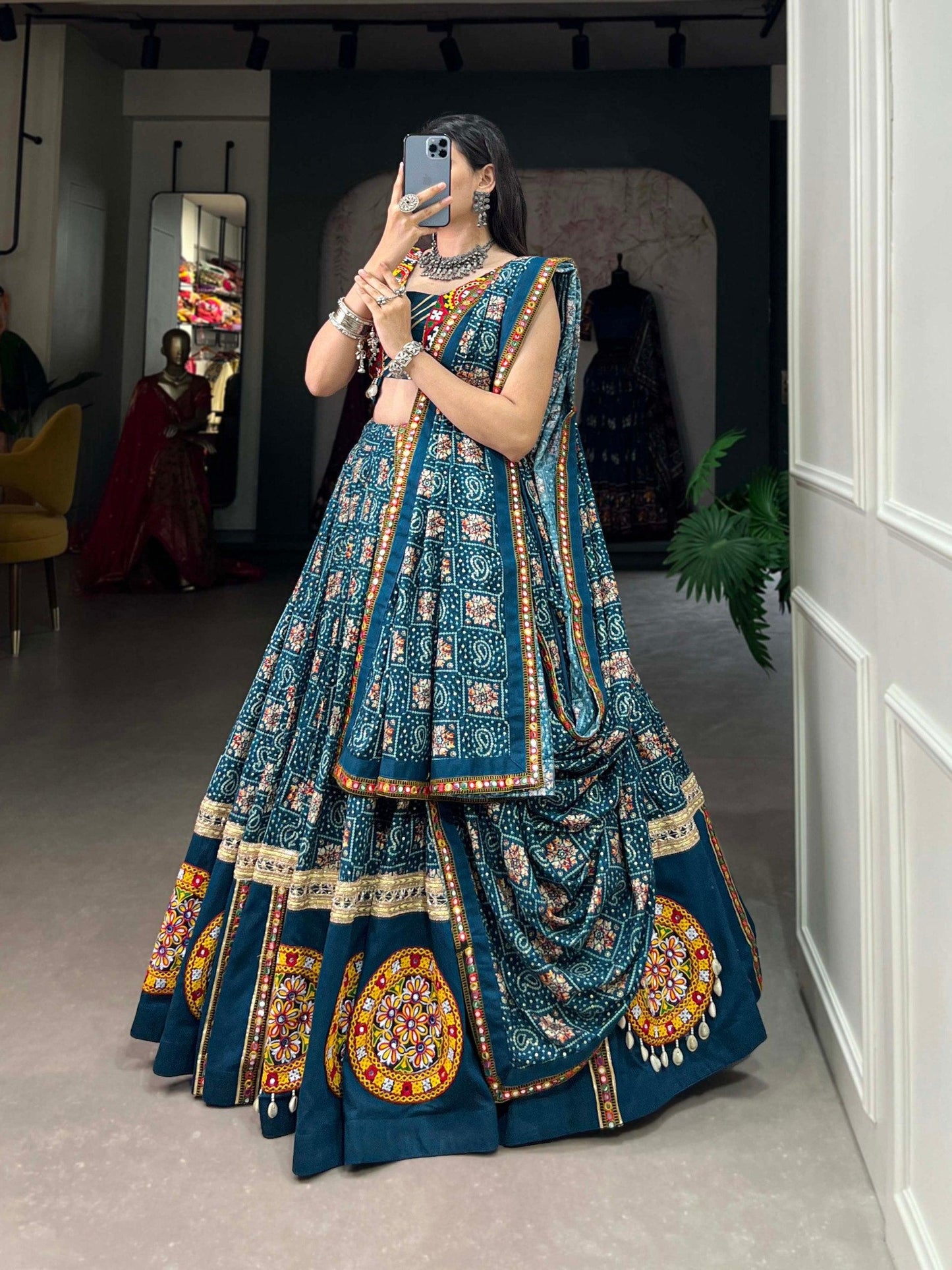 Teal Blue Colored Navratri Festival Wear Lehenga Choli Set