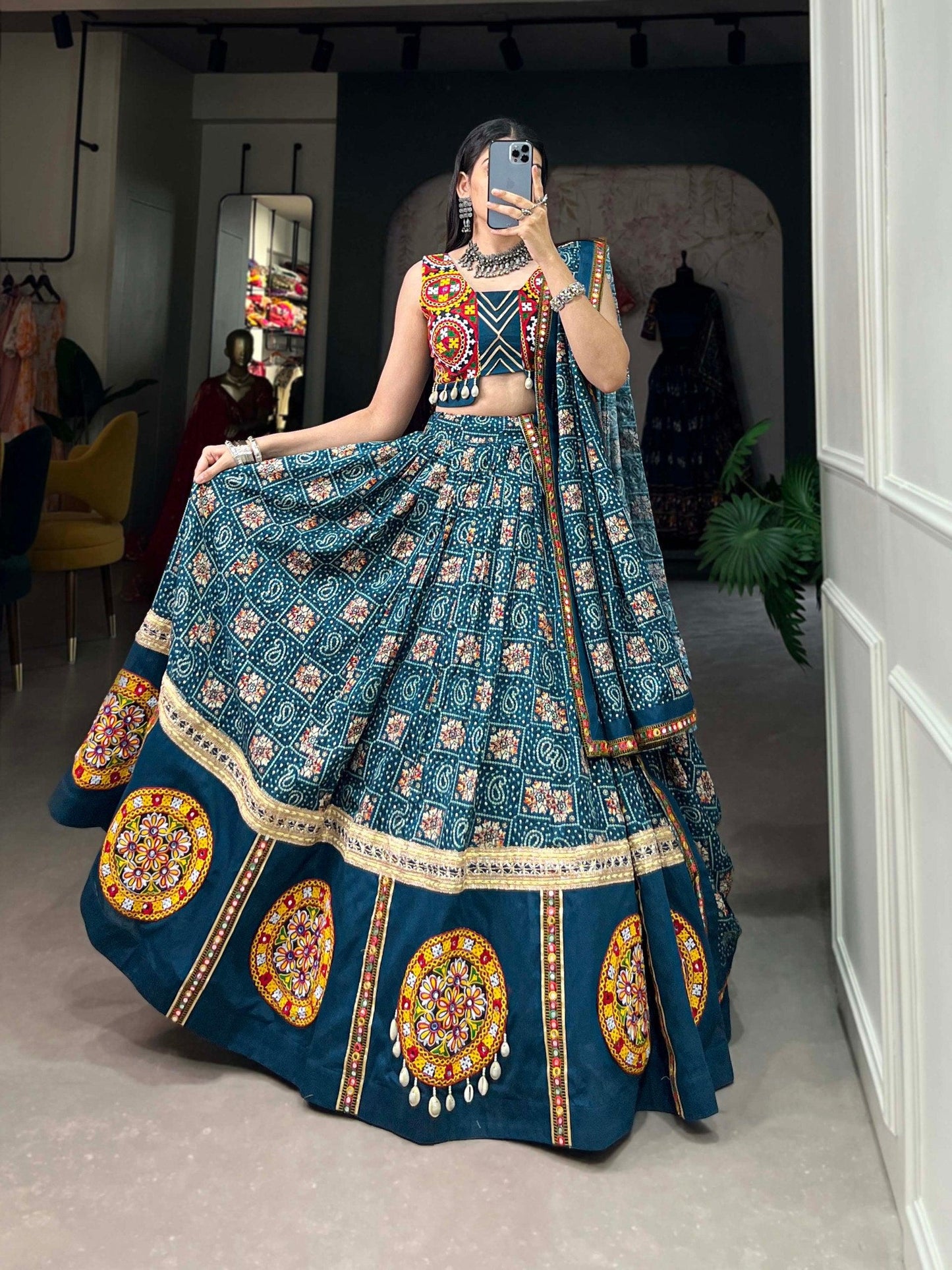 Teal Blue Colored Navratri Festival Wear Lehenga Choli Set