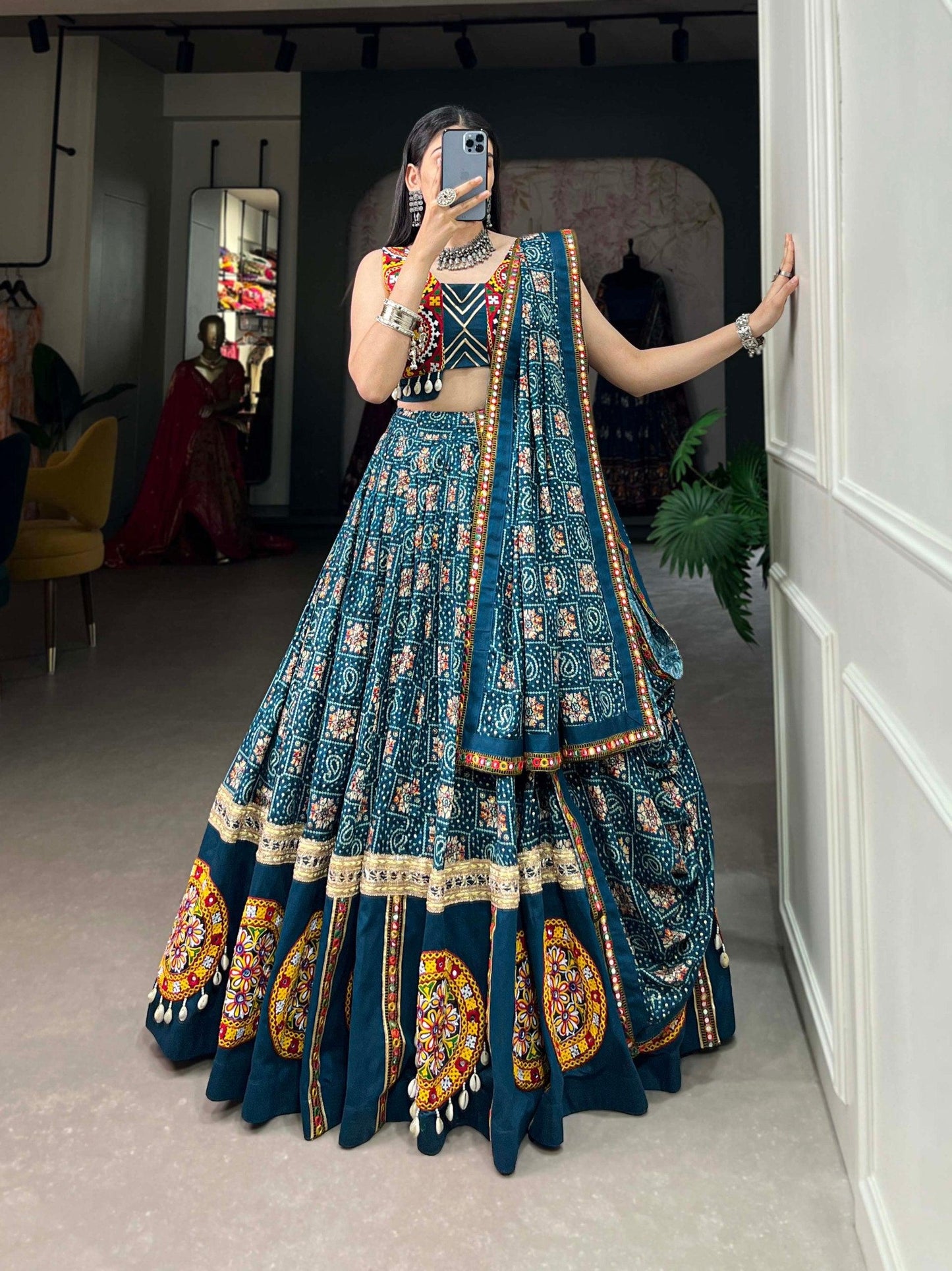 Teal Blue Colored Navratri Festival Wear Lehenga Choli Set