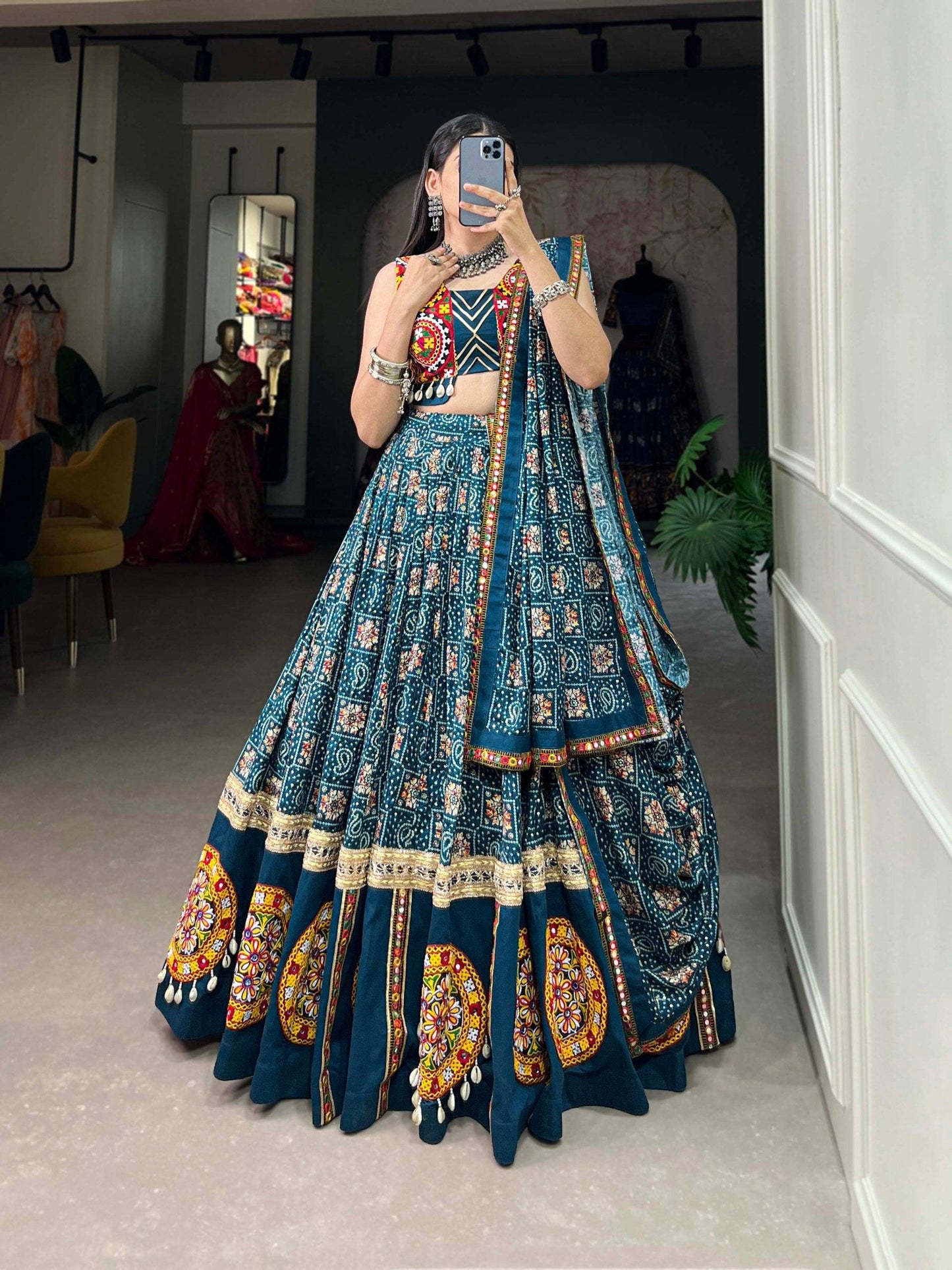 Teal Blue Colored Navratri Festival Wear Lehenga Choli Set