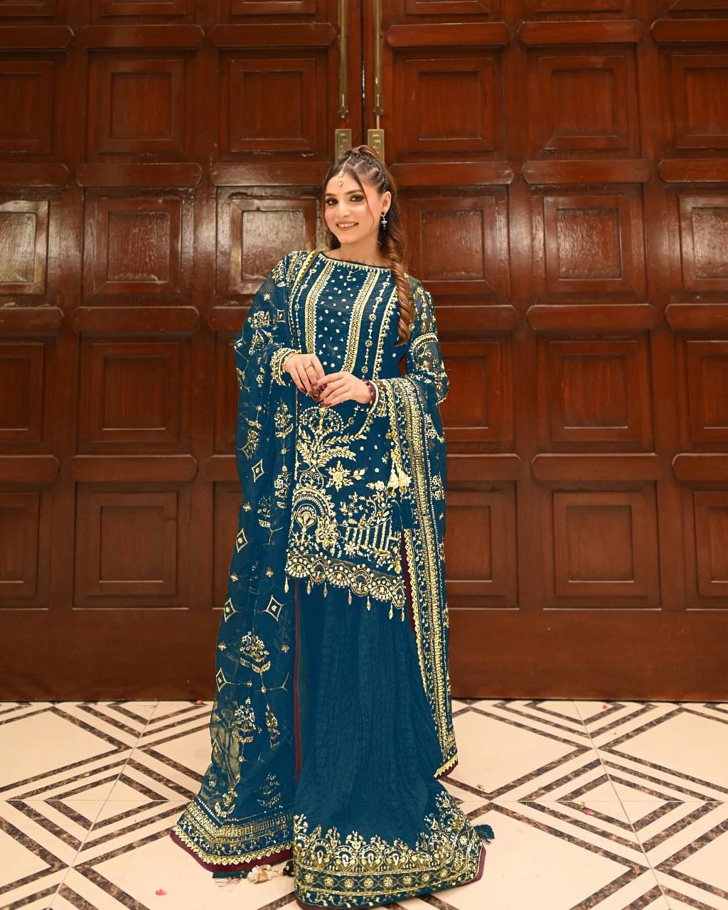 Teal Blue Designer Faux Georgette Heavy Embroidered Top & Plazzo Set with 5mm Sequins & Rivet Moti Work