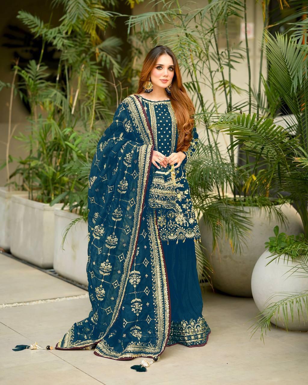 Teal Blue Designer Faux Georgette Heavy Embroidered Top & Plazzo Set with 5mm Sequins & Rivet Moti Work